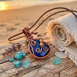 Deep Blue Quartz Copper Wire Wrapped Necklace Boho Artisan Pendant Jewelry 18"